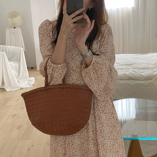 Early autumn dress  new style gentle style long skirt French niche bellflower long-sleeved floral dress women