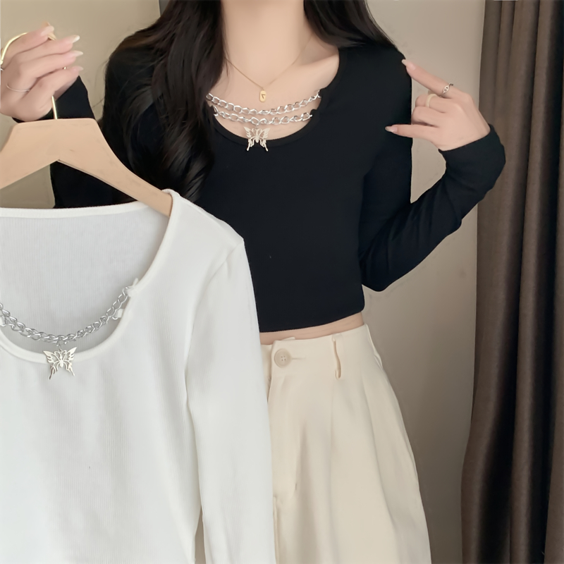 New fashionable ammonia velvet brushed long-sleeved T-shirt women's short butterfly chain autumn Korean version