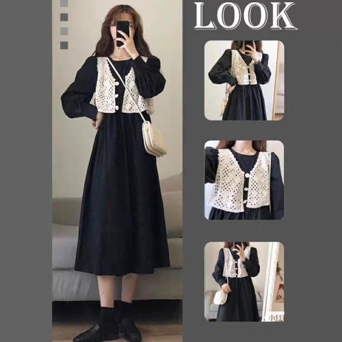 Autumn Korean style retro style, salty or sweet, little girly style vest + dress two-piece suit