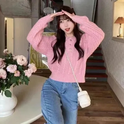 2023 new autumn and winter loose outer wear lazy style pullover polo collar long-sleeved sweater button sweater