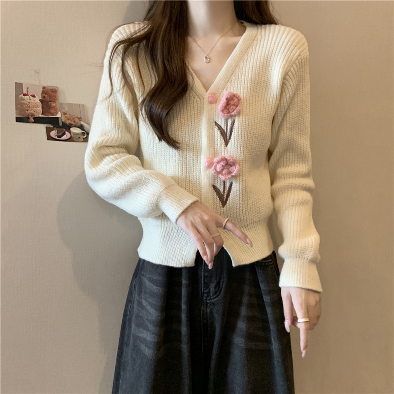 Korean style small fragrant style knitted sweater for women new v-neck gentle retro style loose short cardigan