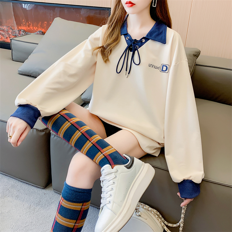 2023 new autumn bottoming shirt college style long-sleeved T-shirt women's large size women's back collar 6535 fish scales