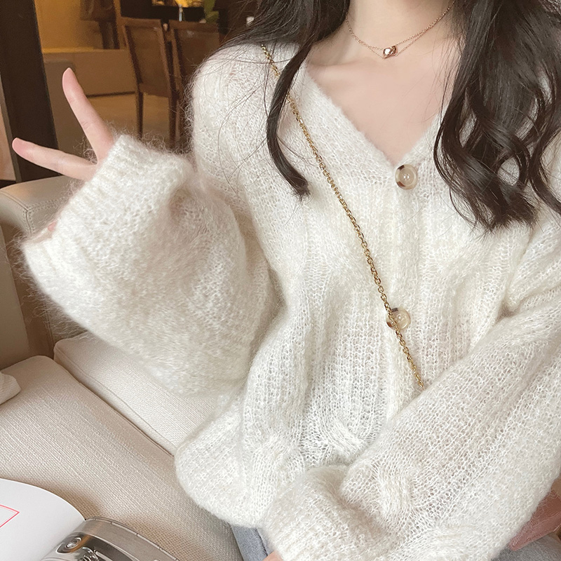 Gentle style and versatile V-neck knitted sweater cardigan for women mohair casual lazy style loose top jacket