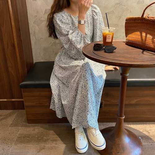 Early autumn dress  new style gentle style long skirt French niche bellflower long-sleeved floral dress women