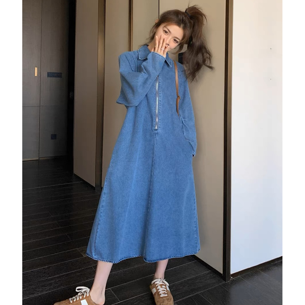 Niche denim dress for women spring and autumn 2023 new slim tea break French style long-sleeved retro skirt popular this year