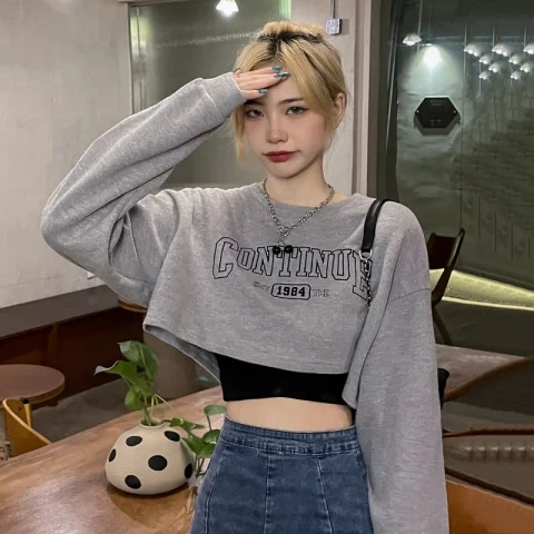 2023 new 6535 cotton short thin English embroidered sweatshirt for women with niche loose Korean version