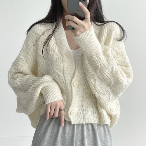 Eighty years old retro lazy style long-sleeved design twist sweater knitted cardigan jacket top for women