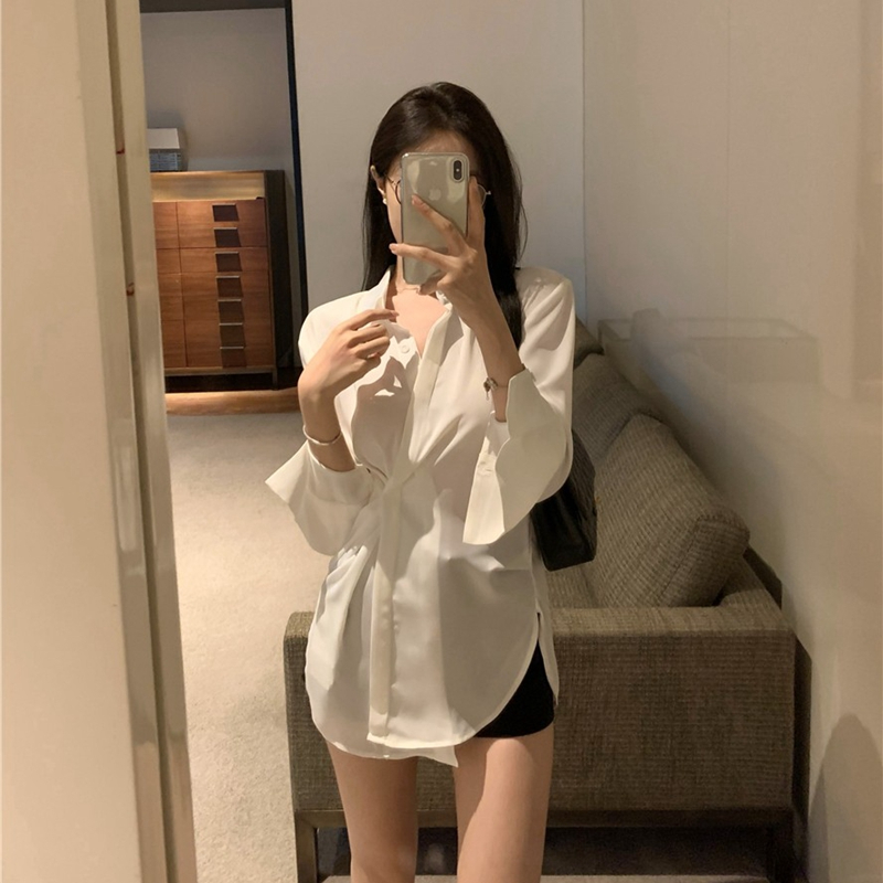 98 polyester fiber 2 spandex French style black long-sleeved shirt women's summer thin section design sense