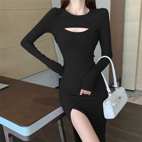 French sexy long-sleeved hip-covering skirt for women in spring and autumn new waist-cinching sweet temperament hollow slit design dress