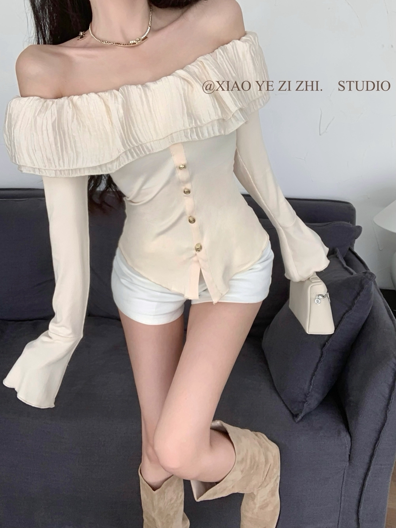 Autumn pure lust sexy hot girl style French one-shoulder long-sleeved T-shirt women's ruffled waist top