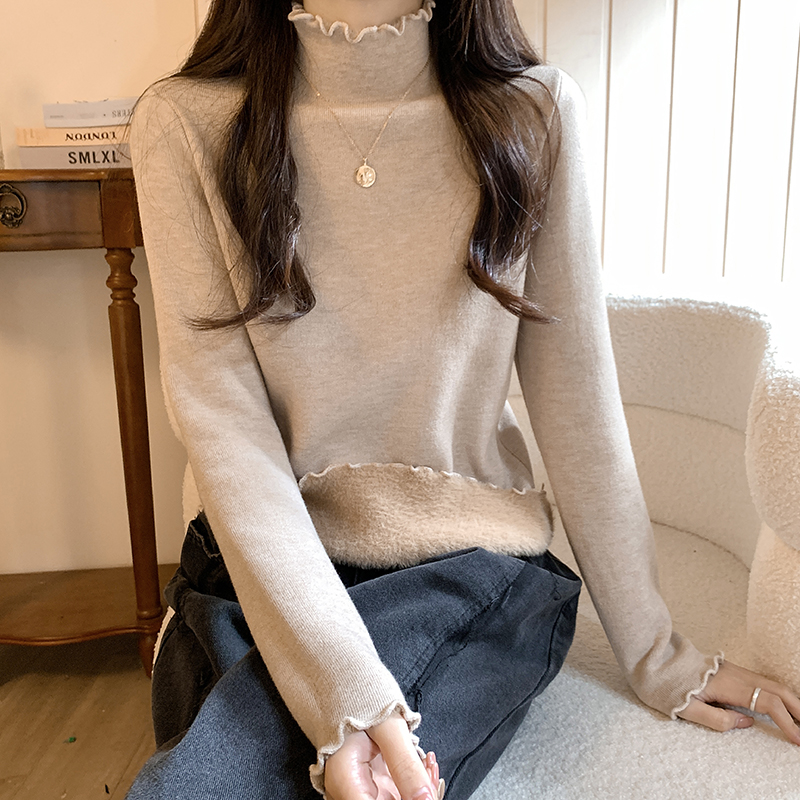 Women's sweater winter plus velvet half turtleneck bottoming shirt with autumn and winter new one-piece velvet ear-hem top