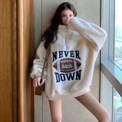 Lamb plush sweatshirt women's autumn and winter Korean version versatile plus velvet thickened loose mid-length student jacket ins trend