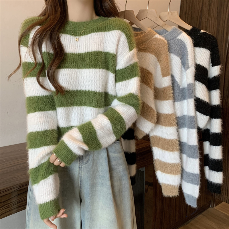 New autumn and winter imitation mink striped loose lazy style pullover long-sleeved sweater for women