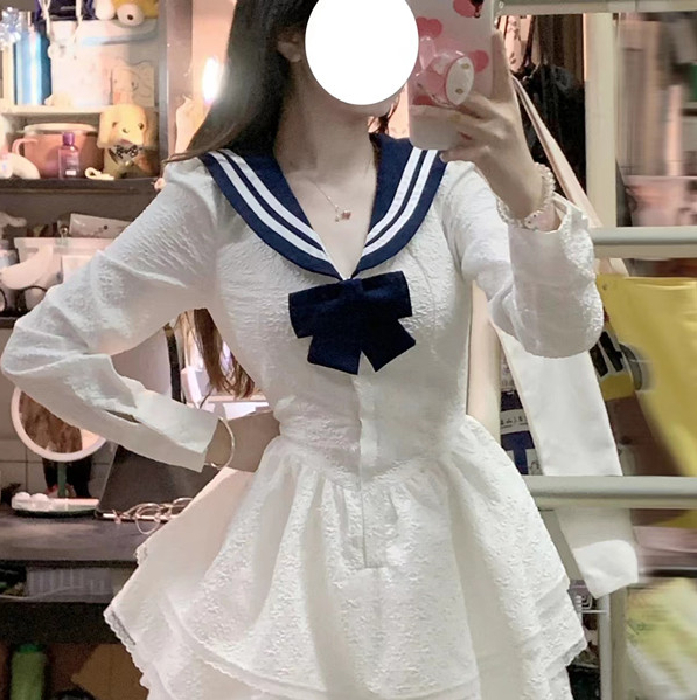 Original fabric + method navy collar white dress women's spring and autumn gentle style first love princess dress