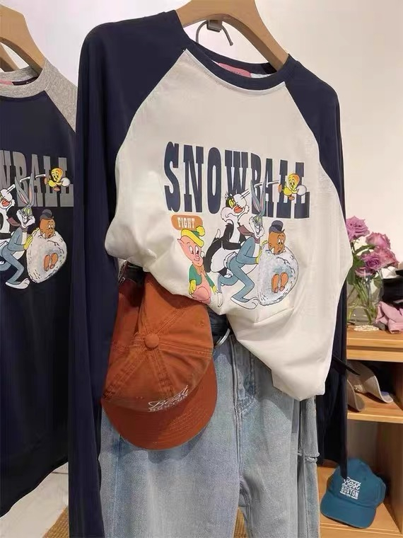 Pure cotton autumn new round neck color matching long-sleeved T-shirt for women Korean version loose fat MM raglan letter cartoon top trendy