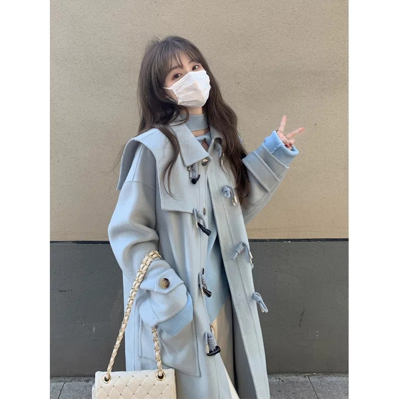 2023 New Autumn and Winter Horn Button College Style Woolen Coat Jacket Women's Mid-Length Loose Blue Loose and Warm