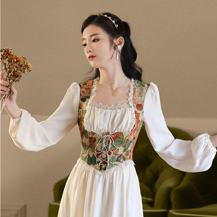 Lined 2023 French sweet fugitive princess dress retro palace oil painting white dress