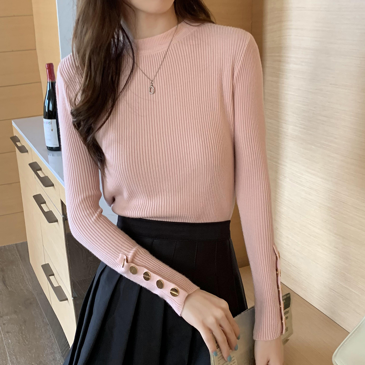Autumn and winter long-sleeved slimming and tight-fitting Korean style slim-fitting knitted outer wear versatile top