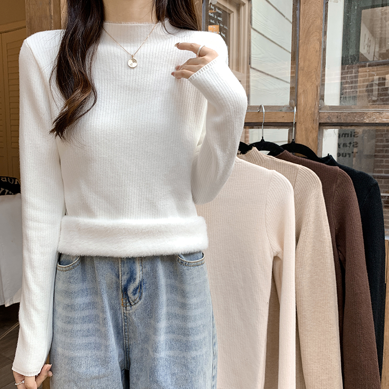 New velvet thickened bottoming sweater integrated mink velvet half turtleneck with knitted sweater inside