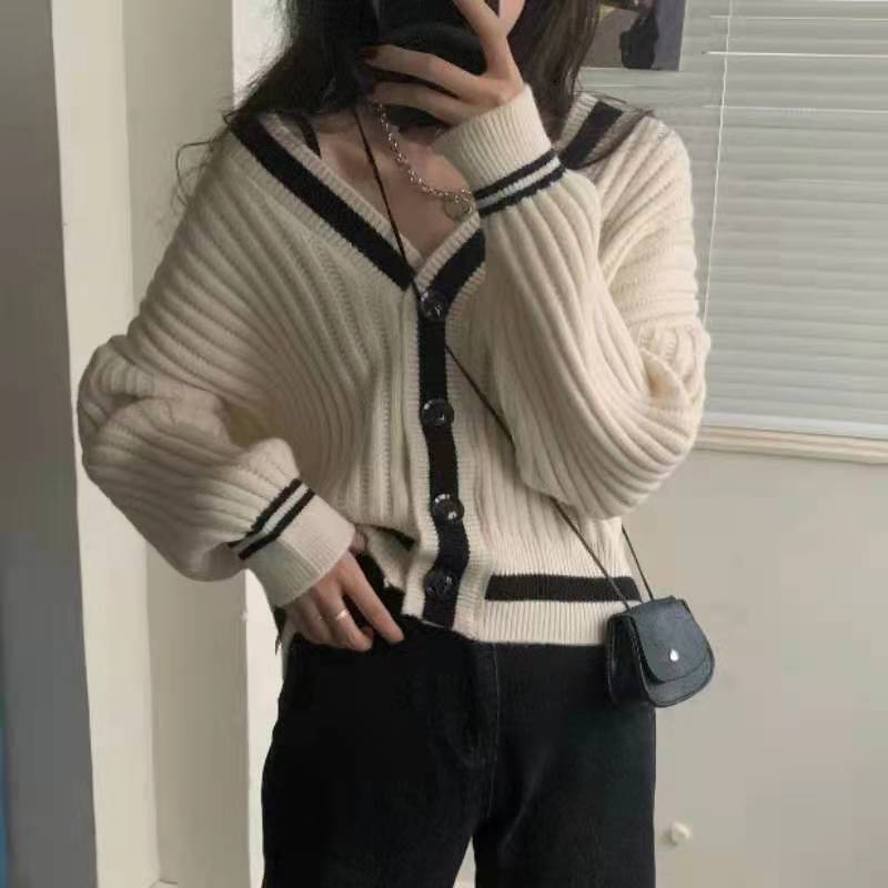 Korean early autumn new fashion Korean style loose and versatile V-neck contrast color long-sleeved knitted cardigan sweater tops for women trendy