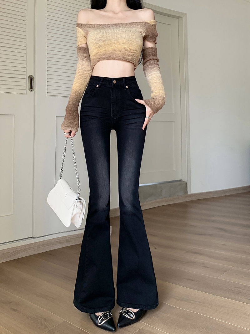 New stretchy bootcut denim trousers for women with design floor-length horseshoe wide-leg trousers