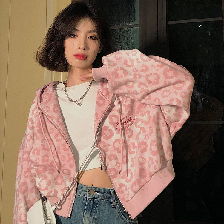 2023 pink leopard print short cardigan jacket for women spring and autumn new loose Hong Kong style retro hooded sweatshirt trend
