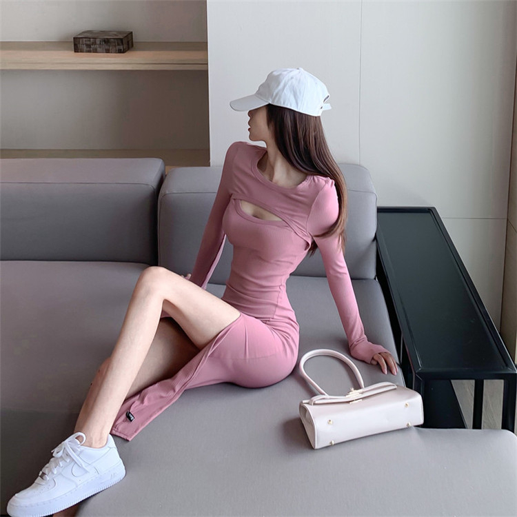 French sexy long-sleeved hip-covering skirt for women in spring and autumn new waist-cinching sweet temperament hollow slit design dress