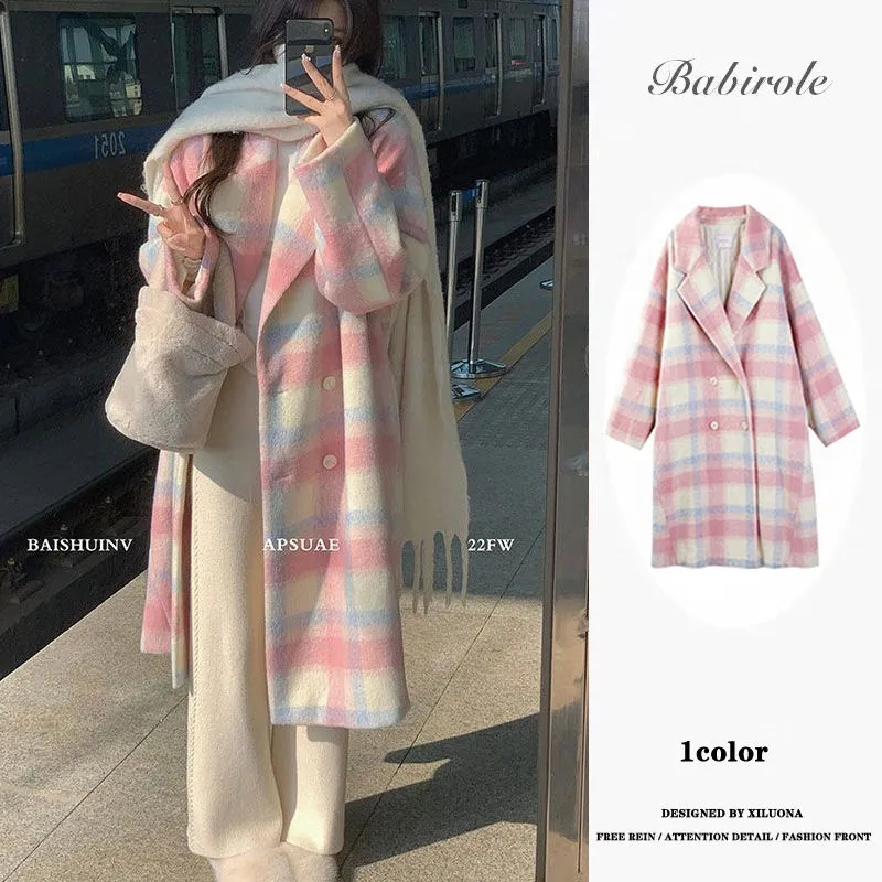 Korean college style high-end plaid woolen coat for women 2023 autumn and winter new mid-length gentle coat