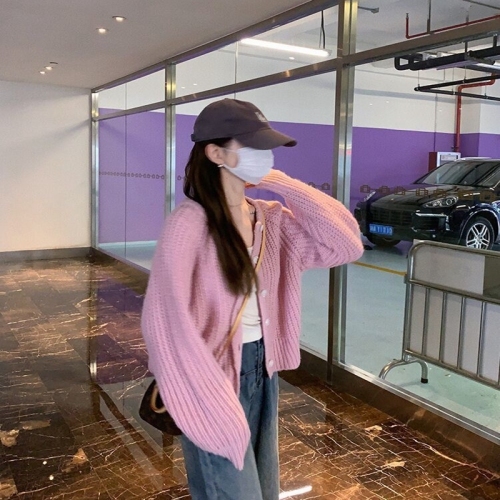 Pink gentle Korean style lazy style thick-knit woolen sweater autumn and winter loose cardigan knitted jacket milk top