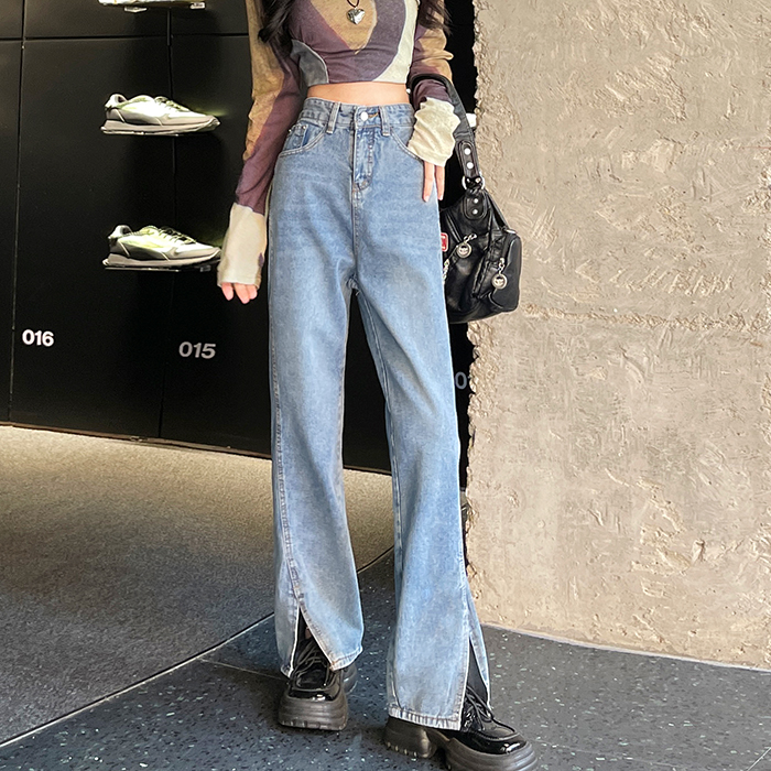 New retro high street slit jeans, autumn high-waisted slimming wide-leg pants, straight-leg pants, floor-length trousers, trendy
