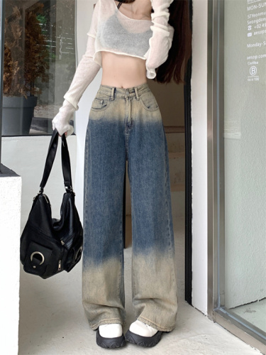 Retro jeans for women in autumn  new color matching design high waist slim straight wide leg floor mopping pants