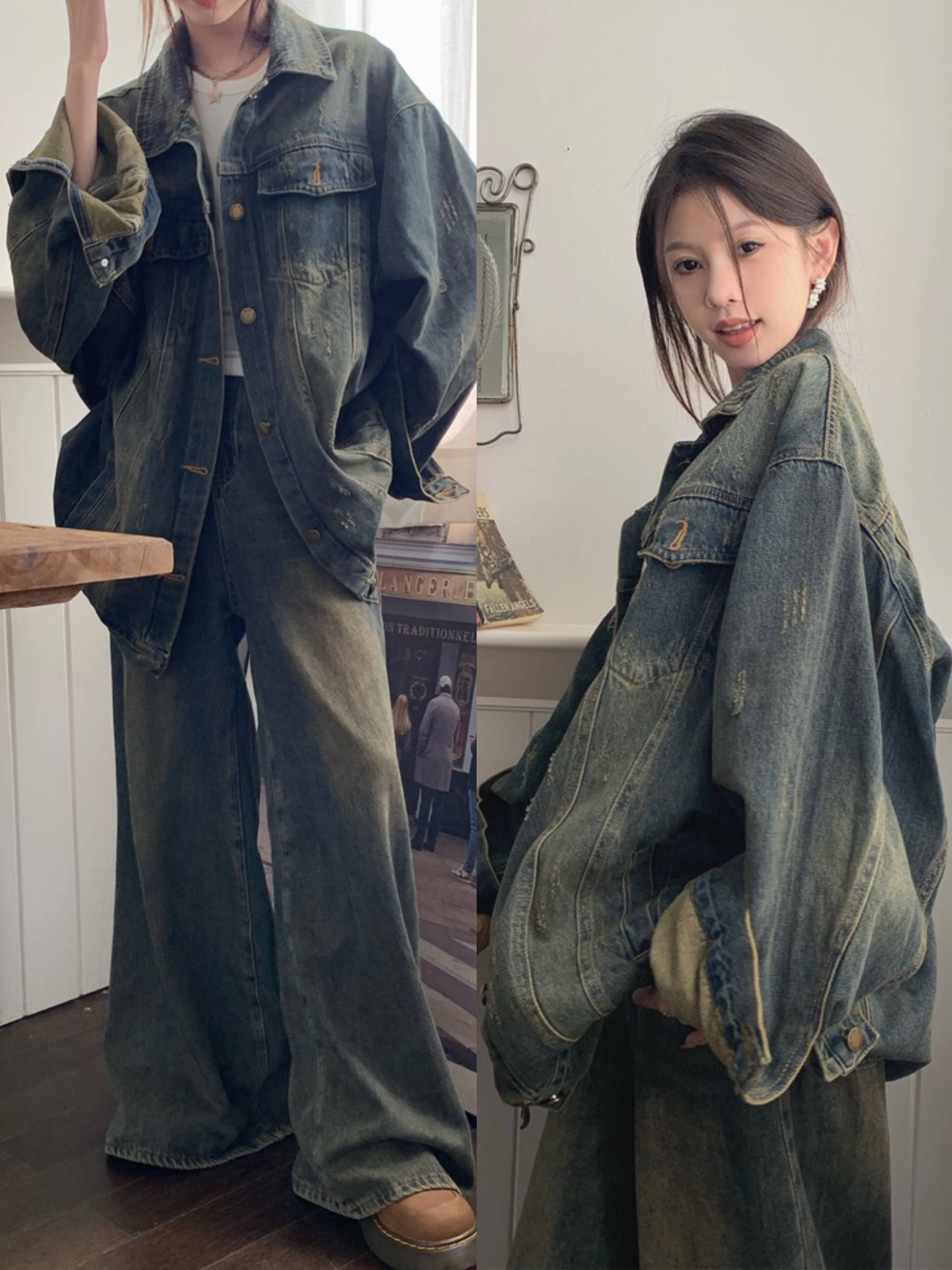 秋裝新款2023韓版寬鬆慵懶做舊牛仔外套女上衣