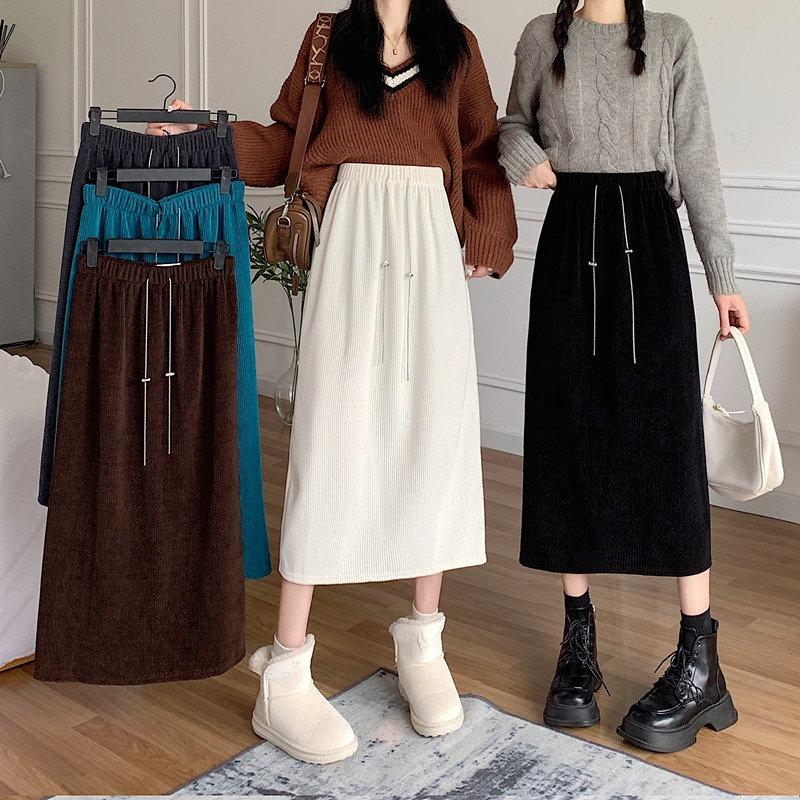 High elastic corduroy thin chain versatile back slit casual skirt for women