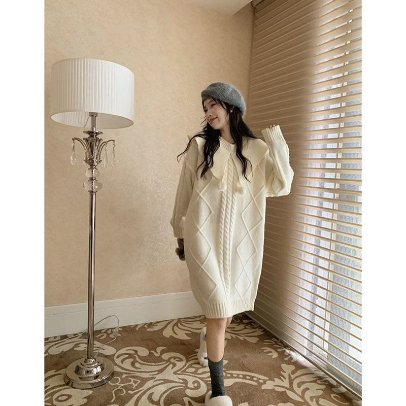 Korean style doll collar sweet soft waxy sweater sweater mid-length dress women's loose lazy style casual top