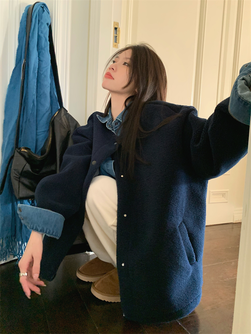 Autumn and winter lambswool stand-up collar fur all-in-one warm short solid color jacket