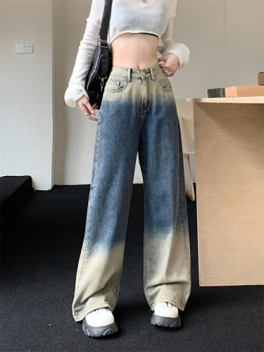 Retro jeans for women in autumn  new color matching design high waist slim straight wide leg floor mopping pants