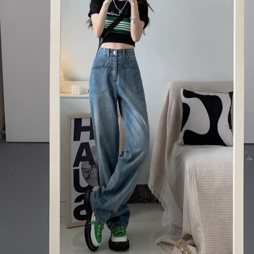 High-waist jeans for women in autumn 2023 new straight-leg loose slim design niche floor-length pants wide-leg pants