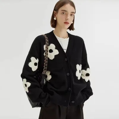 European and American autumn new style V-neck three-dimensional intarsia lazy slim flower knitted sweater cardigan sweater jacket for women