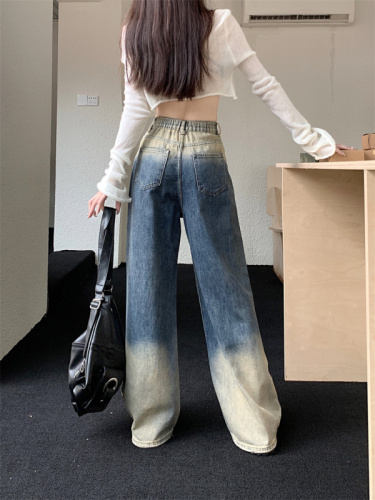 Retro jeans for women in autumn  new color matching design high waist slim straight wide leg floor mopping pants