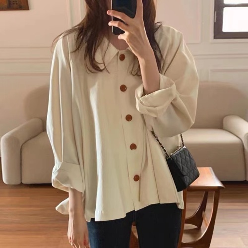 Korean chic autumn French simple lapel oversize loose casual solid color versatile long-sleeved shirt top
