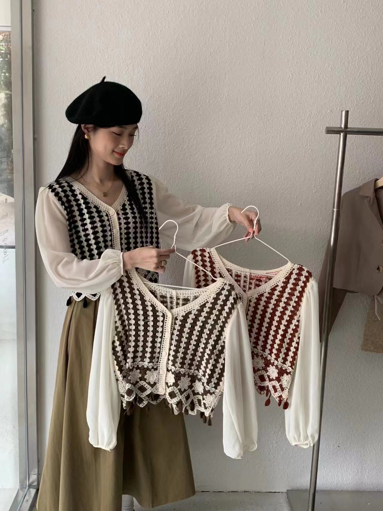 Korean early autumn new style retro gentle style hollow crochet stitching chiffon long-sleeved shirt for women