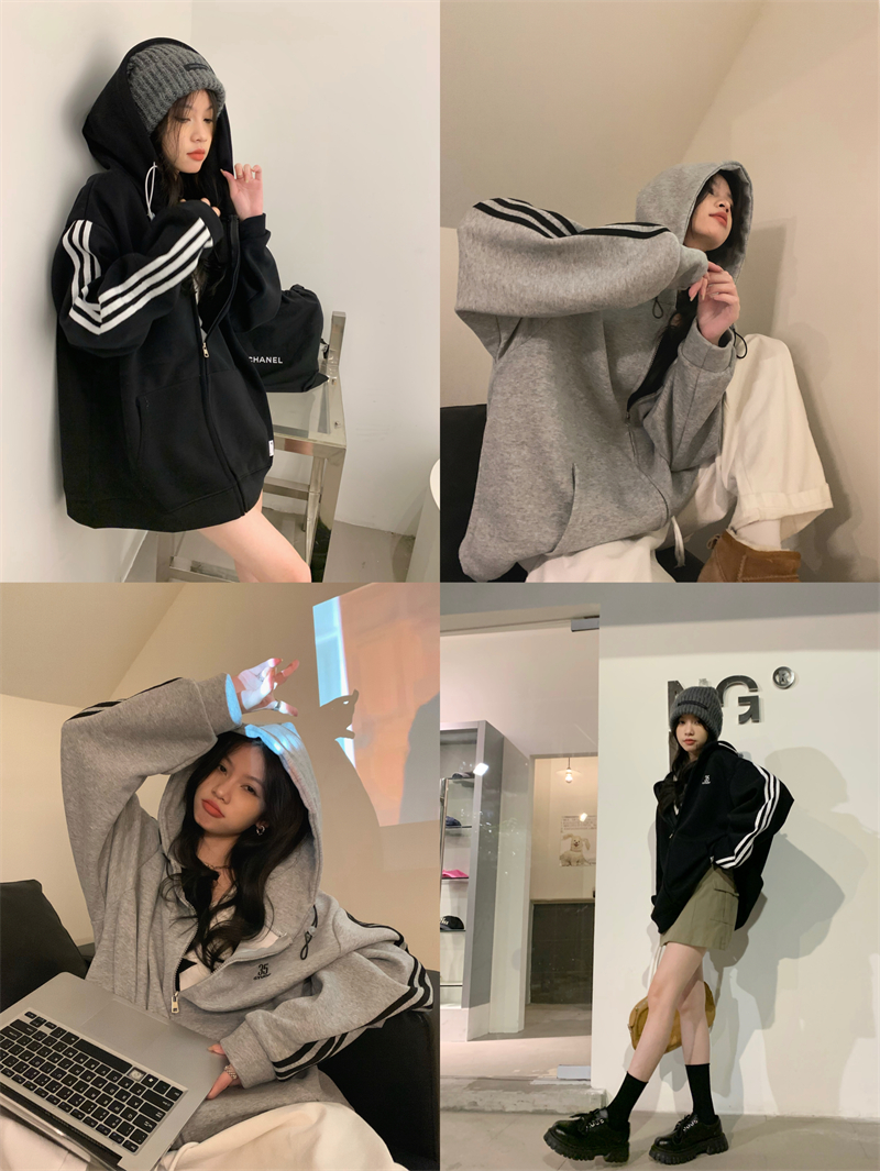 Autumn and winter Korean style simple hooded lazy style plus velvet large size women's sweatshirt jacket