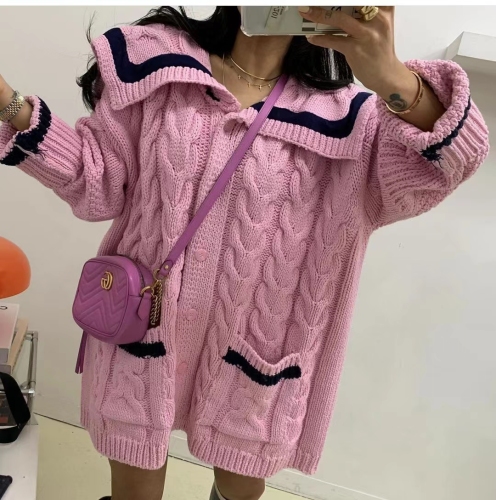 South Korea's Dongdaemun color-blocked heavy-duty lapel twist loose mid-length sweater sweater large coat