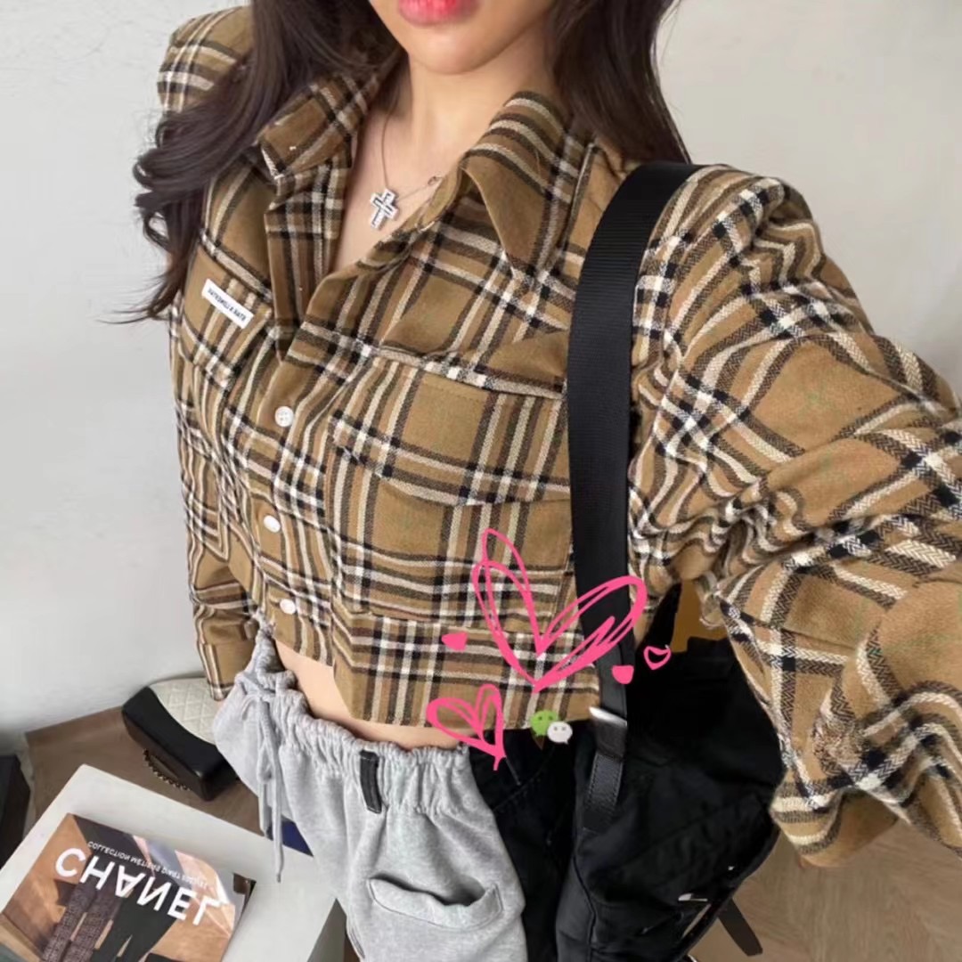 Dongdaemun, South Korea 2023 Autumn Women's New Lapel Buttoned Plaid Slim Fit Short Long Sleeve Shirt
