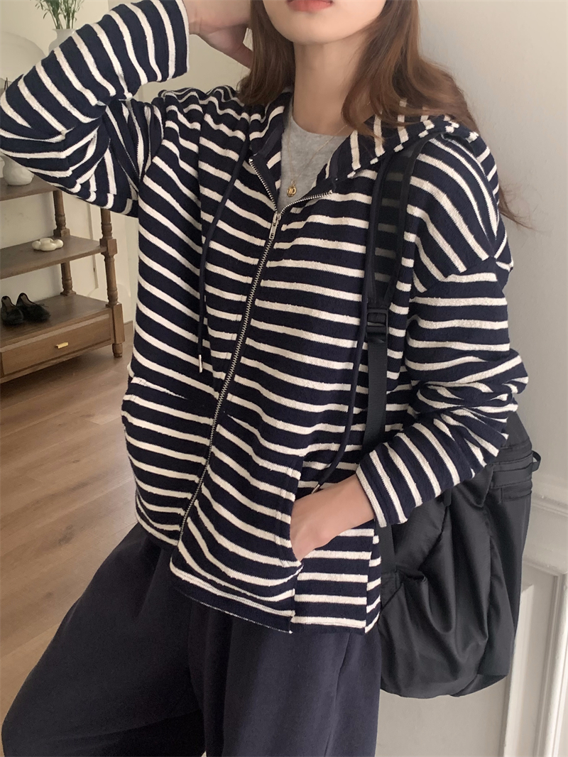 New autumn clothing 2023 Korean version slimming long-sleeved hooded zipper sweatshirt striped jacket women's top