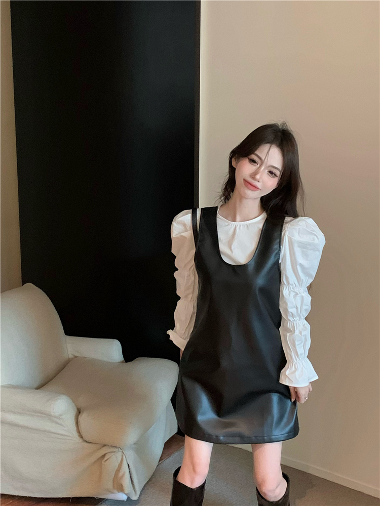 !  Pleated puff sleeve shirt, loose leather vest dress two-piece suit