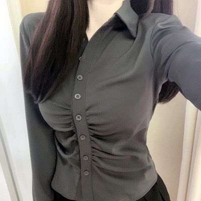 New Spring and Autumn Pure Desire Style Waist Shirt Feminine Long Sleeve Shirt Design Hot Girl Slim Top