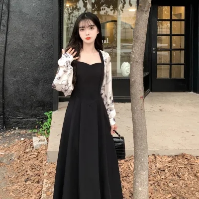 Original method + zipper retro Hepburn square collar splicing spring and autumn floral dress temperament waist long skirt for women