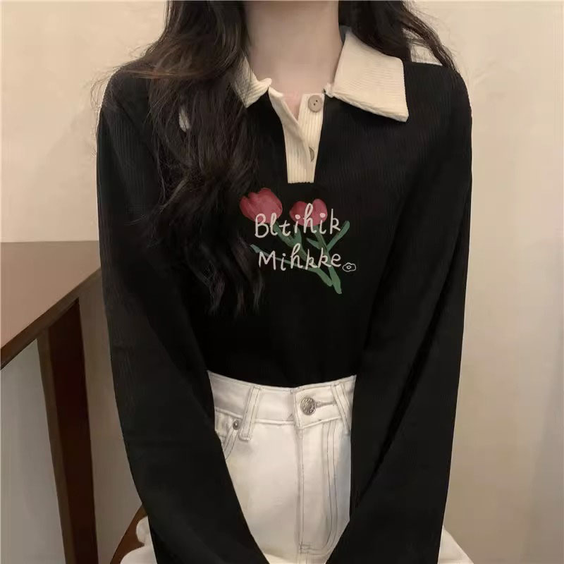 Snake boy contrast color polo collar top women's right shoulder long sleeve t-shirt autumn and winter lazy style half open collar bottoming shirt