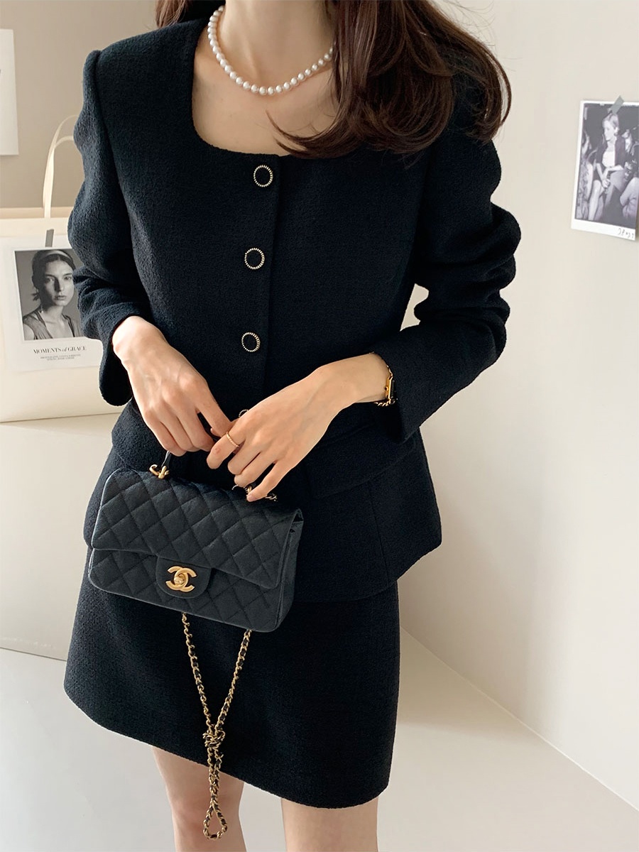 Korean French retro high-end square collar tweed small fragrant jacket + high-waisted skirt suit